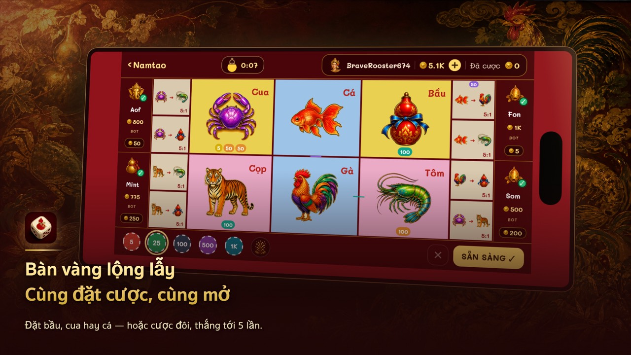 Bàn Bầu Cua với phỉnh đặt trên các hình